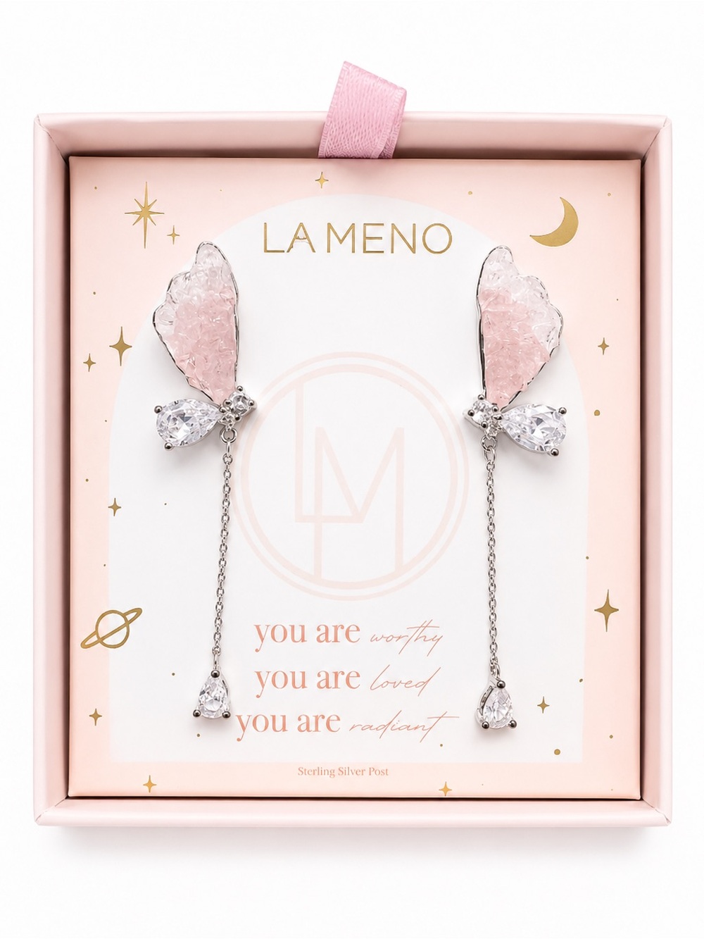 LA MENO Pastel Pink Druzy Crystal Butterfly Dangle Earrings Sterling Silver